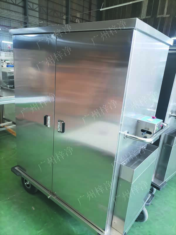 密闭式手术污染器械电动转运车主材质：采用SUS304拉丝不锈钢板面板厚度：≥1.2mm,表面作拉丝亚光处理.